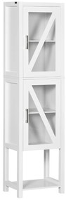 kleankin Coluna Casa de Banho com 2 Portas de Vidro Prateleiras Ajustáveis e Prateleira de Armazenamento 45x30x170 cm Branco