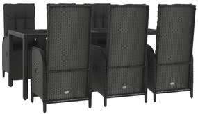 7 pcs conjunto de jantar p/ jardim c/ almofadões vime PE preto