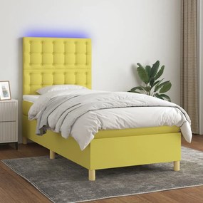 Cama box spring c/ colchão e LED 100x200 cm tecido verde