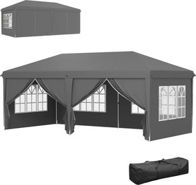 Tenda de jardim 3x6 m tipo Barnum dobrável com laterais removíveis, estrutura de aço reforçada e saco de transporte, cinzento escuro