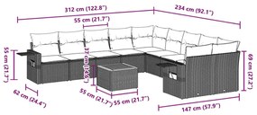 11 pcs conjunto sofás de jardim c/ almofadões vime PE preto