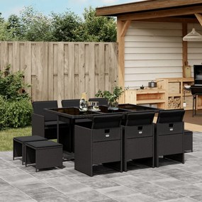 11 pcs conjunto de jantar p/ jardim c/ almofadões vime PE preto