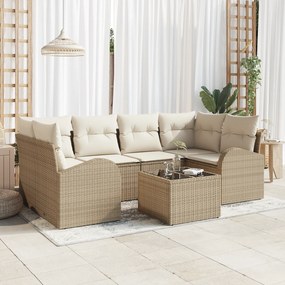 Conjunto de Sofá de 7 Peças para Jardim com Almofadas Bege Poliratan