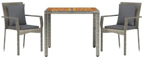 3 pcs conjunto de jantar p/ jardim c/ almofadões vime PE cinza