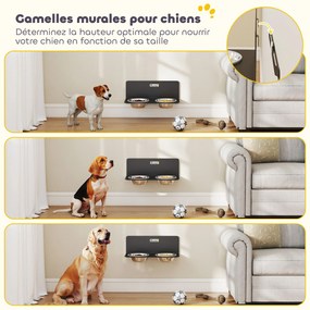 Conjunto de 2 Taças para Cão de Parede, 42 x 23,5 x 14 cm, Altura Regulável, Preto
