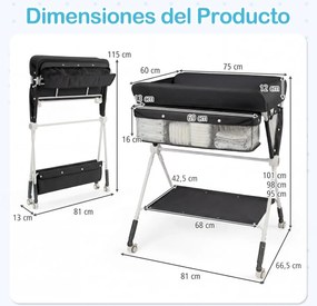 Mesa Trocador fraldas para Bebés Portátil e Dobrável Altura Ajustável 3 Níveis Organizador Móvel com Cesto Prateleira Rodas e Travão Preta