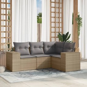 4 pcs conjunto de sofás para jardim c/ almofadões vime PE bege