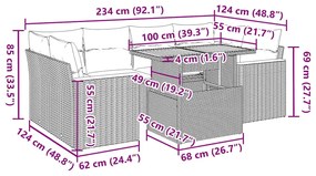 6 pcs conjunto sofás jardim c/ almofadões vime PE/acácia preto