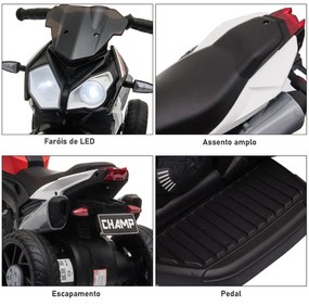 Motocicleta Elétrica Infantil com 3 Rodas Triciclo para Crianças acima de 3 anos com Bateria 6V Recarregável Funções de Música Buzina Faróis 86x42x52c