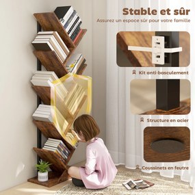 Estante em forma de árvore com 9 níveis 50 x 24 x 136 cm, móvel de arrumação industrial com estrutura em aço, castanho rústico