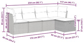 5 pcs conjunto de sofás p/ jardim com almofadões vime PE bege