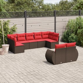 vidaXL 9 pcs conjunto sofás p/ jardim c/ almofadões vime PE castanho