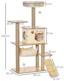 Árvore Arranhadora para Gatos Torre de Escalada com Plataformas Rede Escada Caverna Postes para Arranhar de Juta Bola Supensa e Descanso 60x40x130cm B