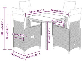 5 pcs conjunto bistrô p/ jardim c/ almofadões vime PE castanho