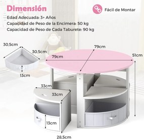 Conjunto de mesa redonda e 4 bancos com 4 caixas de tecido para atividades artísticas e de leitura para crianças Rosa