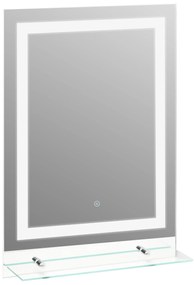 kleankin Espelho para Casa de Banho 70x50 cm com Moldura de Alumínio, Luzes LED, Interruptor Tátil e Prateleira de Vidro para Sala, Prata.