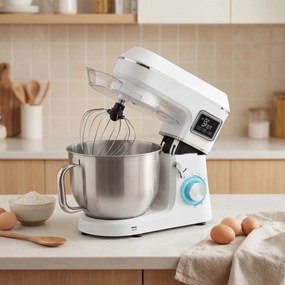 Batedeira Planetária 6L 1400W com Cabeçal Inclinável, 6 Velocidades, Função de Fermentação, Ecrã LED, Branco