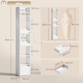 Estante para Livros com 2 Gavetas e Porta Estante Estreita com 6 Prateleiras Abertas 32x24x181,5 cm Branco