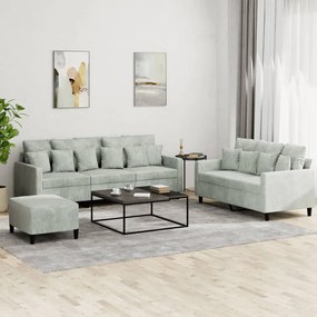 3 pcs conjunto de sofás com almofadões veludo cinzento-claro