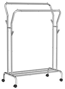 Cabideiro SONGMICS, Suporte Duplo para Roupas, Estrutura de Metal Resistente, com Rodas e Prateleira, Carga Máxima Total de 100 kg, 103,5 cm de Largura, Armazenamento de Roupas, Prata HSR107E01