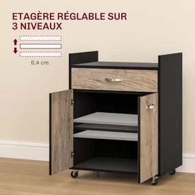 Carrinho de serviço de cozinha com rodas 60 L x 40 P x 77 A cm, gaveta, armário de duas portas e prateleira em madeira cinzenta com efeito de madeira,