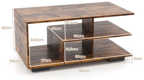 Mesa de centro com arrumação retangular moderna com Estante Mesa de centro geométrica versátil de 3 níveis para a sala de estar Castanha