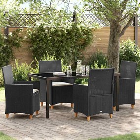 vidaXL Conjunto de Jantar de Jardim de 5 Peças com Almofadas Preto Vime de Poliéster