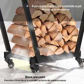 Suporte para Lenha Metálico Lenheiro de Exterior com Rodas e Gancho para Interior e Exterior Carga 50 kg 79x30x81 cm Preto