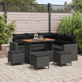 Conjunto de Sofás de Jardim vidaXL de 9 Peças com Almofadas Preto Vime Acácia