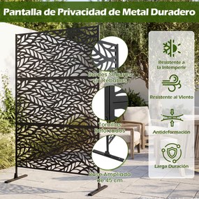 Biombo de Privacidade com Motivo de Folhas, 123 x 45 x 198,5 cm, Estrutura em Metal Galvanizado, Preto