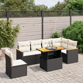 7 pcs conjunto de sofás p/ jardim c/ almofadões vime PE preto