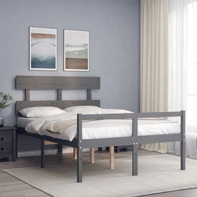 Estrutura de cama de casal c/ cabeceira madeira maciça cinzento