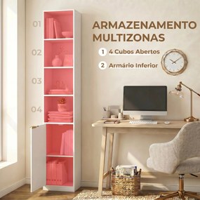 Estante para Livros Alta e Estreita de 6 Níveis com 4 Prateleiras Abertas, Porta e Prateleira Ajustável, Branca