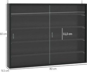 Vitrine de Parede de Madeira com Prateleiras Ajustáveis e 2 Portas Corredeiras de Vidro para Perfumes 80x9,5x60 cm Preto