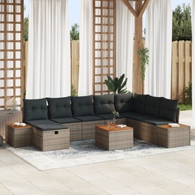 Conjunto de Sofá de Jardim de 9 Peças com Almofadas Cinza de Poliratan