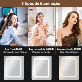 Toucador de Maquilhagem com Luzes LED de Cor Ajustável e Espelho Tocador com Lateral Rebatível Gaveta 45x45x152 cm Branco