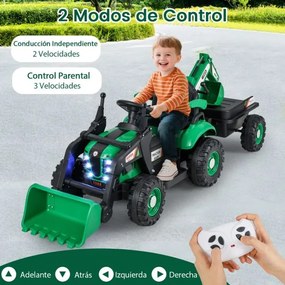 Trator elétrico 4 em 1 para crianças 12V com controle remoto, pá, reboque removível e luzes LED para crianças de 3 a 8 anos, 185 x 58 x 65 cm Verde