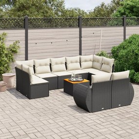 10 pcs conjunto sofás de jardim c/ almofadões vime PE preto