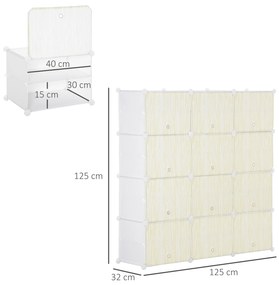 Armário Modular de Plástico Armário com 12 Cubos Organizadores de Sapatos Roupas Brinquedos 125x32x125cm Branco e Natural