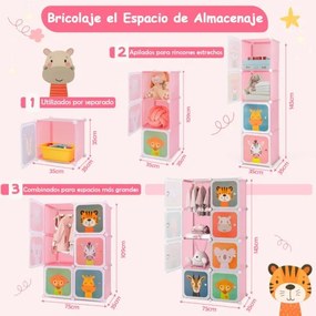 Armário infantil portátil para bebés 75 x 37 x 145 cm Plastico com 8 cubos e secção para pendurar roupas rosa