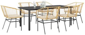vidaXL Conjunto jantar jardim 7 peças almofadas vidro vime PE castanho