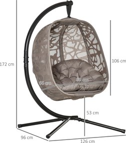 Cadeira Suspensa Jardim com Suporte de Aço Cadeira Suspensa com Cesto Dobrável e Almofadas para Interior e Exterior 126x96x172cm Preto e Castanho arei