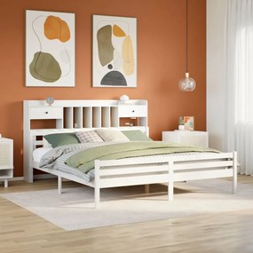 vidaXL Cama com estante sem colchão 200x200 cm pinho maciço branco