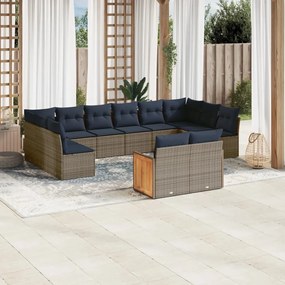 vidaXL 12 pcs conjunto sofás p/ jardim c/ almofadões vime PE cinzento