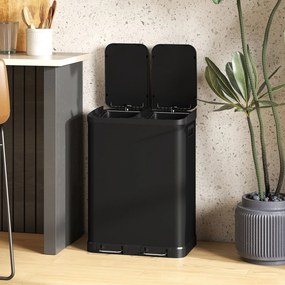 Caixote do lixo de cozinha 48,8 L x 39,5 l x 67 A cm com dois compartimentos de 2 x 30 L, com pedal em aço inoxidável e tampa com fecho suave, preto