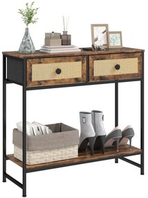 HOMCOM Mesa Consola Móvel de Entrada com Prateleira Aberta 2 Gavetas Frente em Vime Consola de Entrada 80x30x75 cm Marrom Rústico