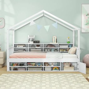 Cama Casa de crianças 201 x 126 x 170 cm de madeira plataforma com 14 cubos de arrumação branco