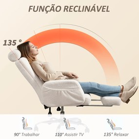 Cadeira de Escritório com Apoio para Pés Estofada em Borreguito e Encosto Reclinável  67x74x107-115 cm Creme