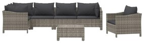 7 pcs conjunto lounge de jardim c/ almofadões vime PE cinzento