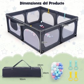 Parque para bebés dos 0 aos 3 anos com 4 argolas 50 bolas do oceano Bolso de arrumação em rede respirável com fecho de correr Cinzento escuro